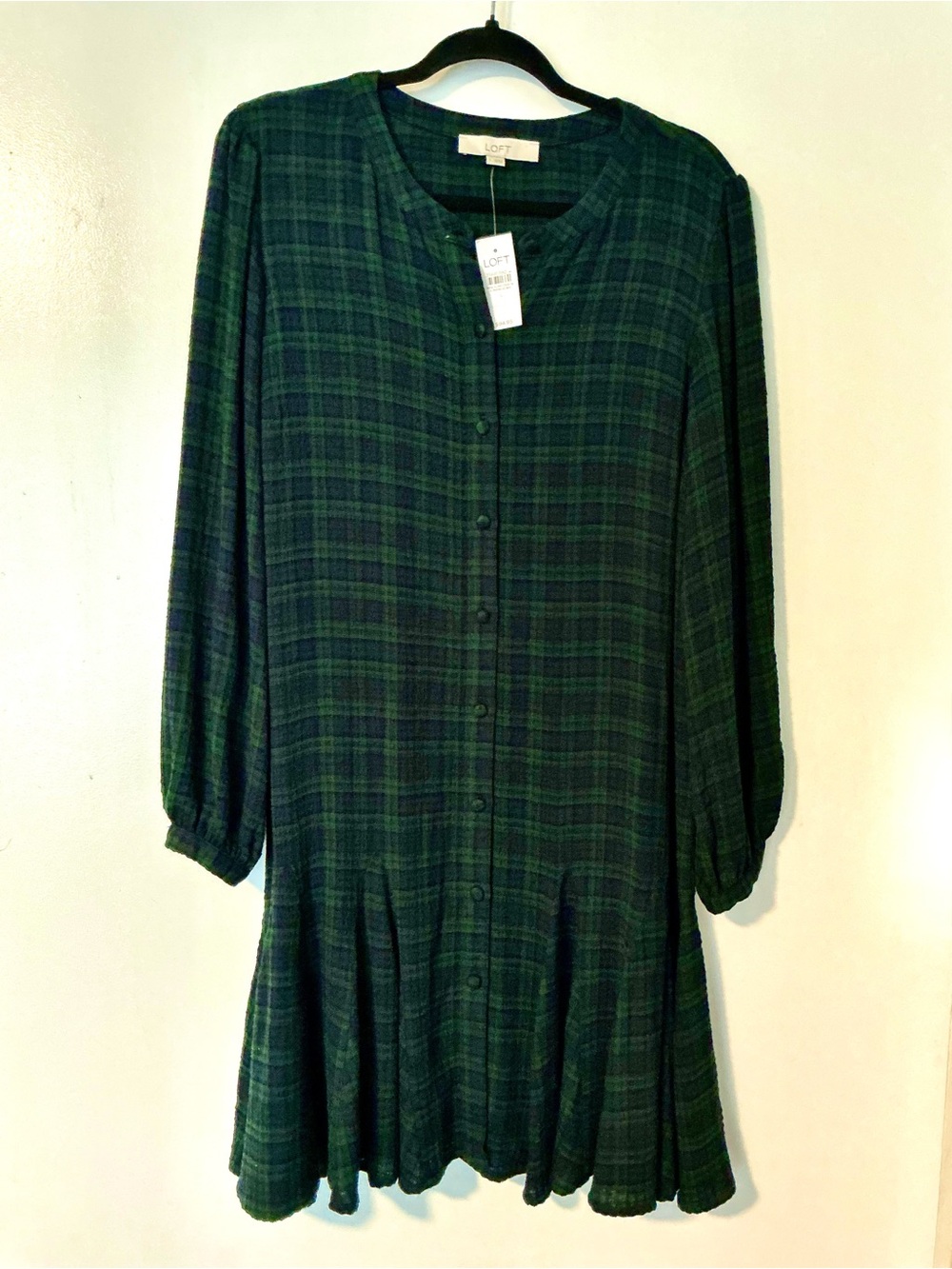 LOFT Dark Green Plaid Button-Down Long Sleeve Dress